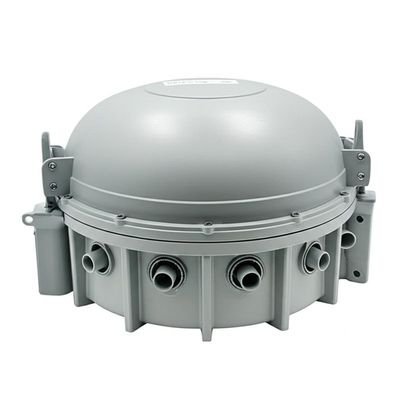 Cierre de empalme de fibra óptica tipo domo con un máximo de 9 bandejas, grado de protección IP68 y capacidad para fibras de 12 a 288 hilos