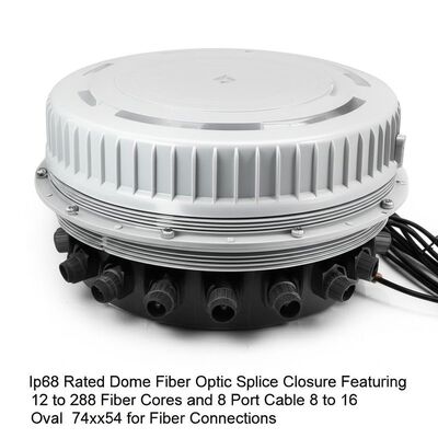 Cierre de empalme de fibra óptica tipo domo con clasificación IP68, con capacidad para 12 a 288 núcleos de fibra y 8 puertos de cable ovalados de 8 a 16, 74x54, para conexiones de fibra